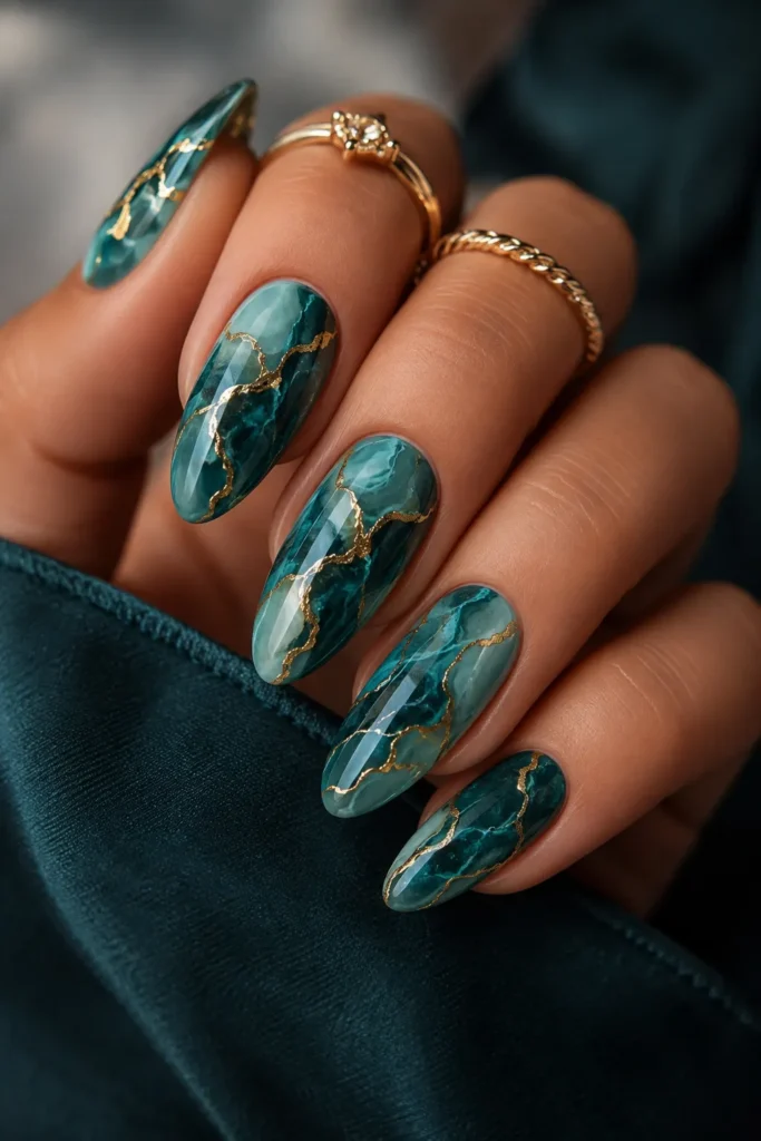 Teal Marble Nails With Gold Veins