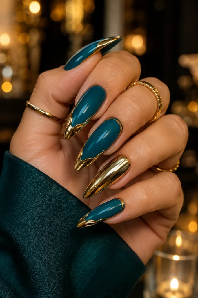 Teal Nails With Gold Chrome Accents