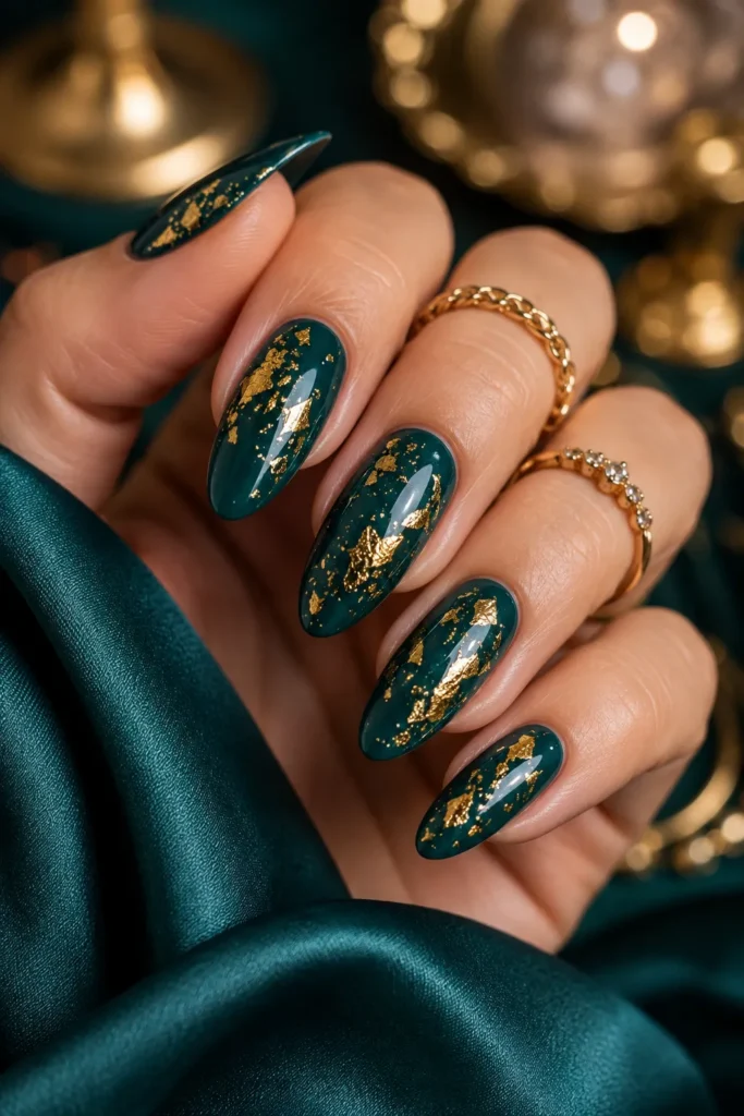 Teal Nails With Gold Foil Flakes