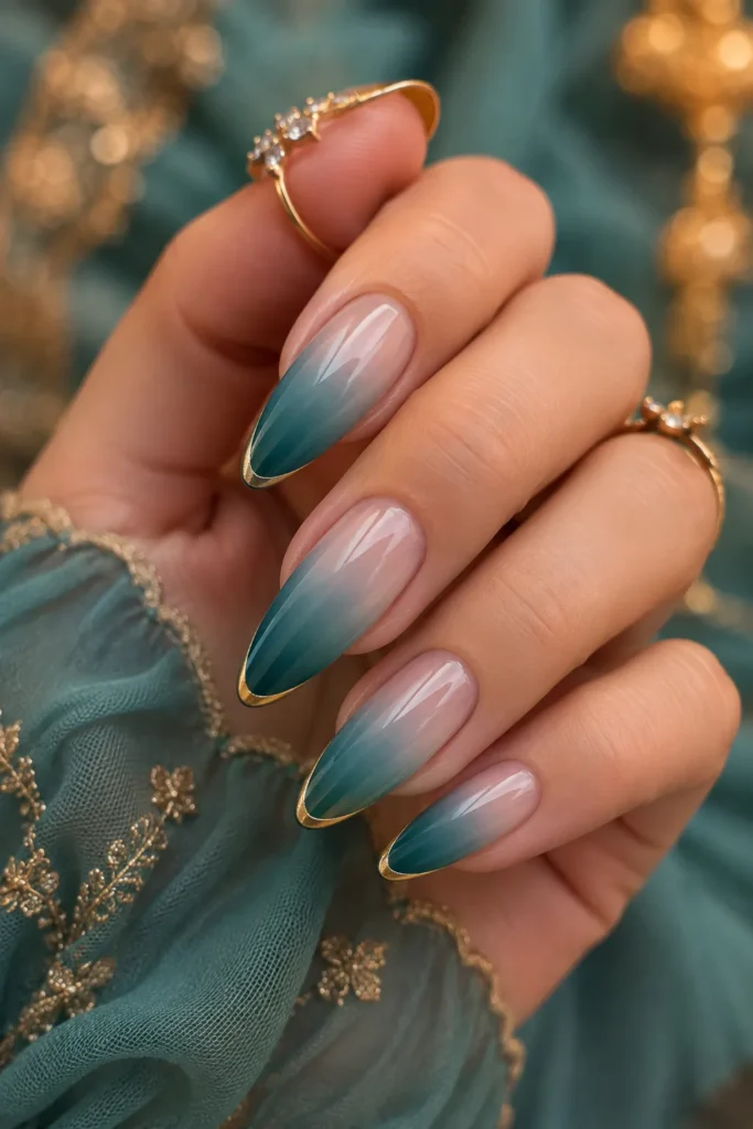 Teal Ombre With Gold Tips