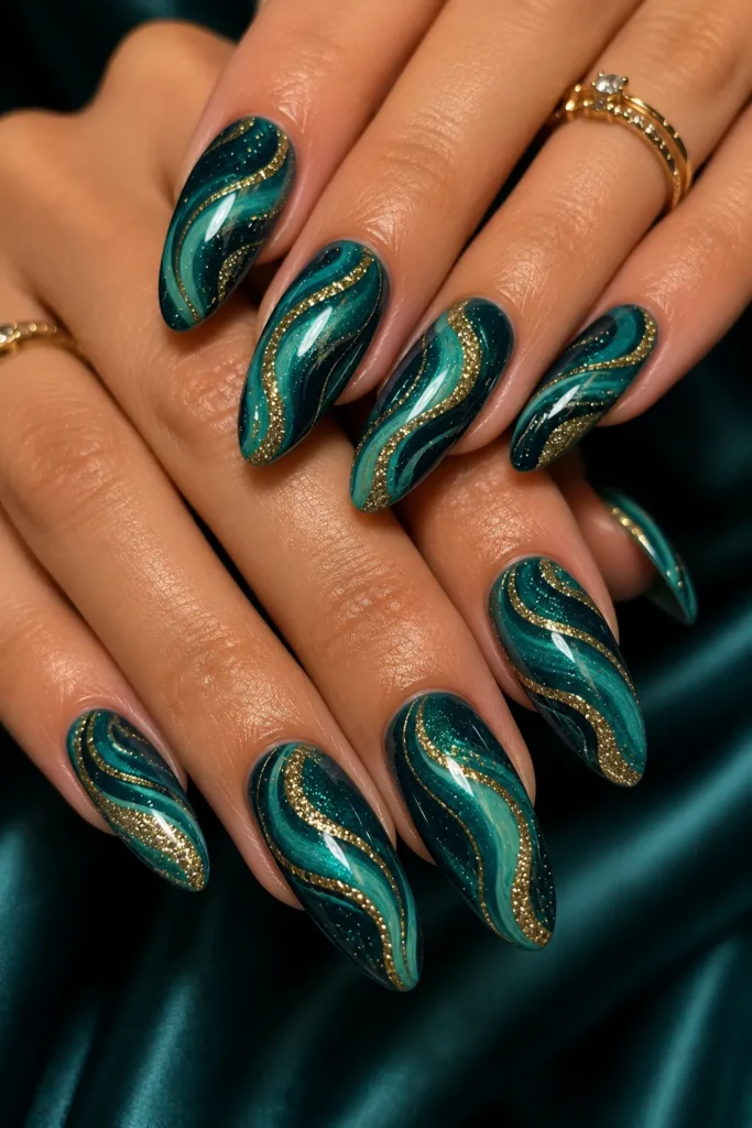 Teal Swirls With Gold Glitter