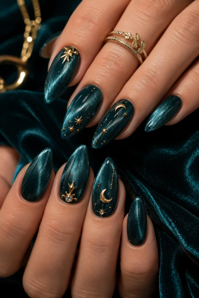  Teal Velvet Nails With Gold Charms