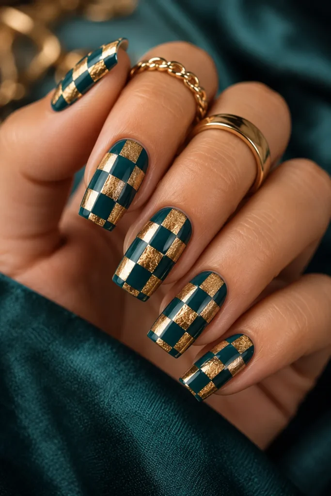 Teal and Gold Checkerboard Nails