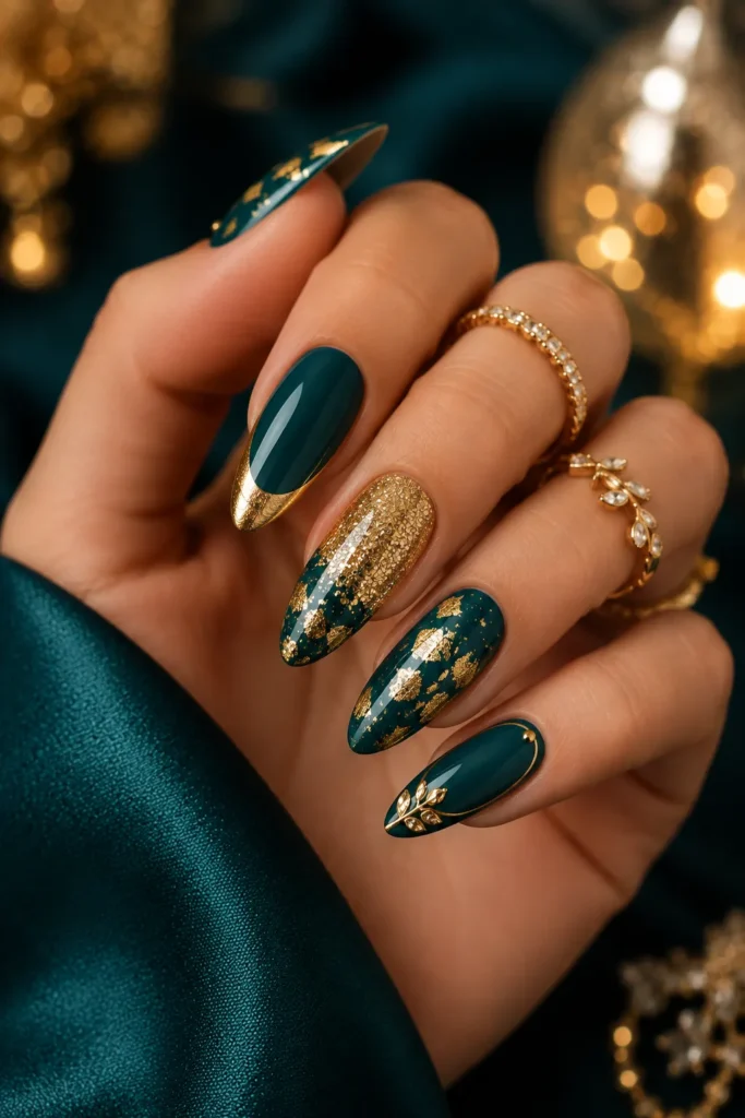 Teal and Gold Glam Party Nails