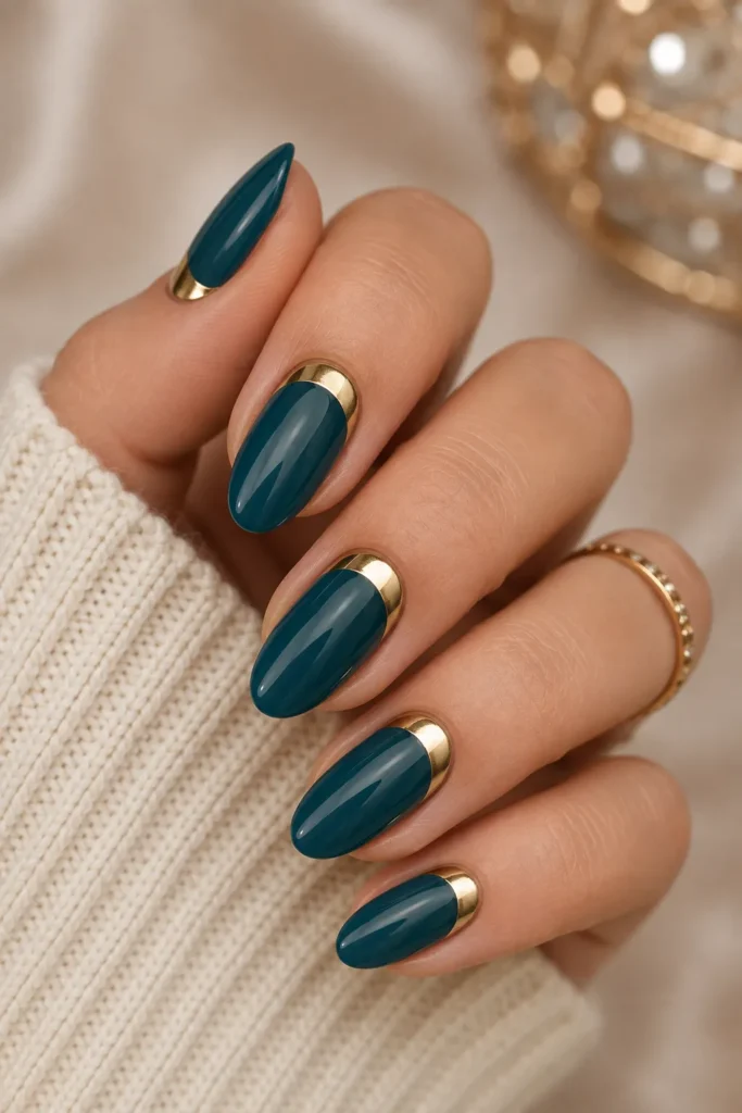 Teal and Gold Half-Moon Nails