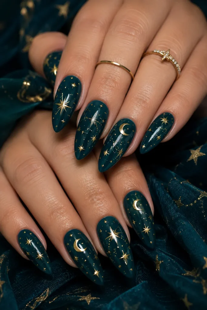 Teal and Gold Starry Nails