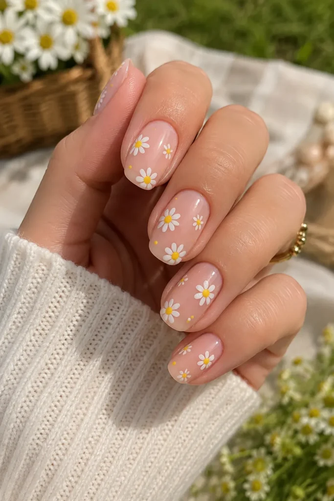 White Daisy Floral Nails