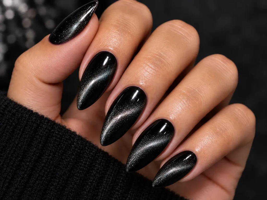 Black cat eye almond nails with a glossy magnetic shimmer