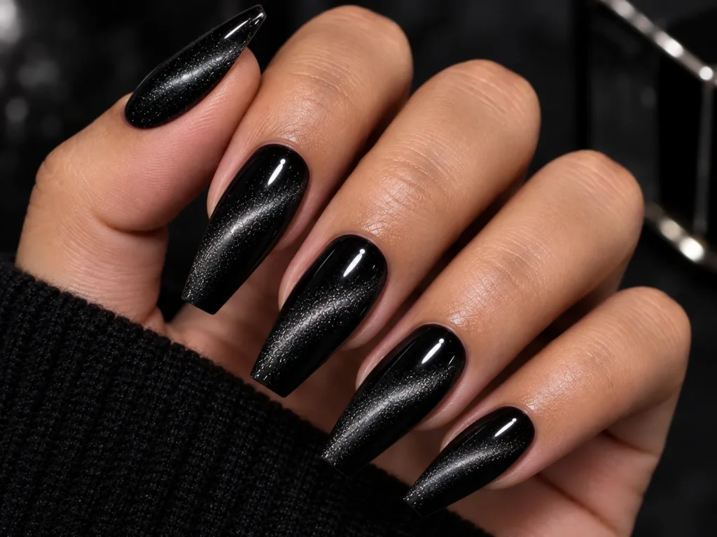Black cat eye coffin nails with a dramatic magnetic shimmer