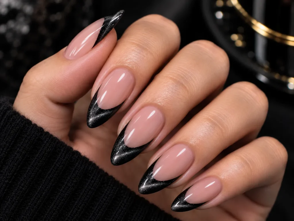 Black cat eye French tip nails with a glossy nude base