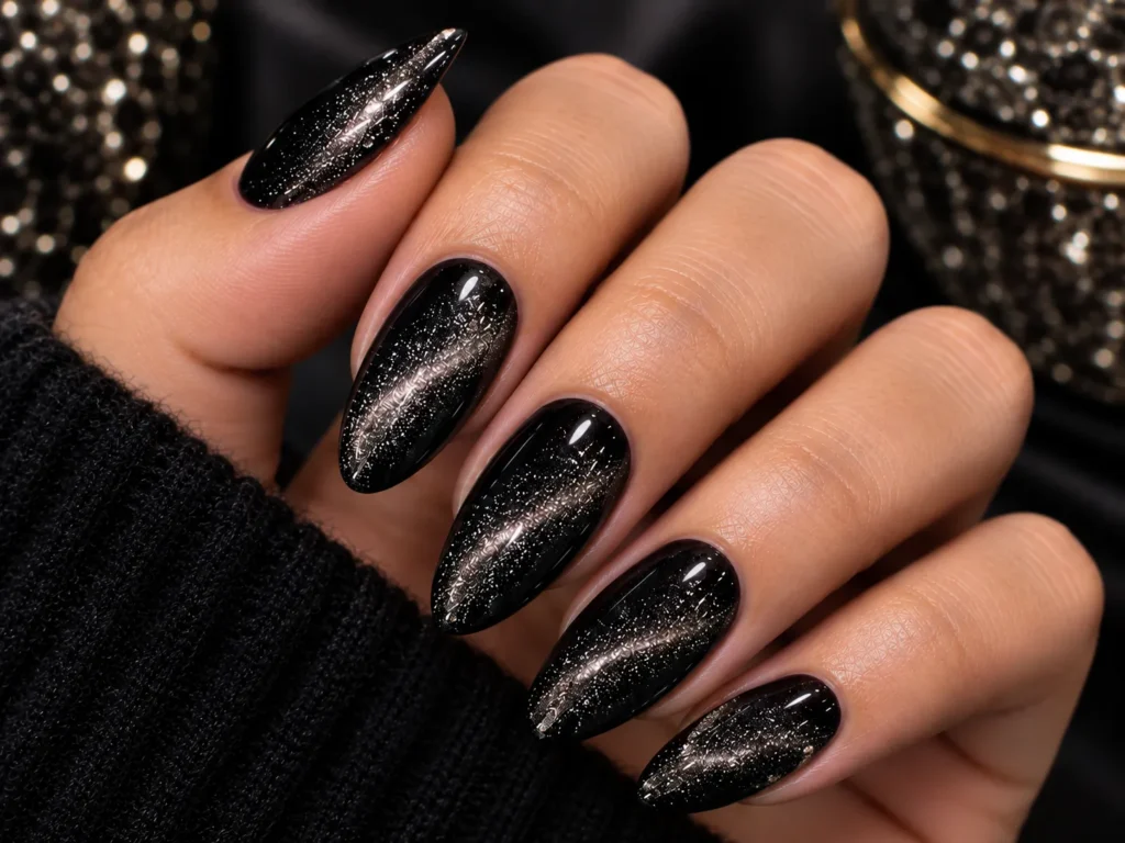 Black cat eye nails with silver glitter and magnetic shimmer
