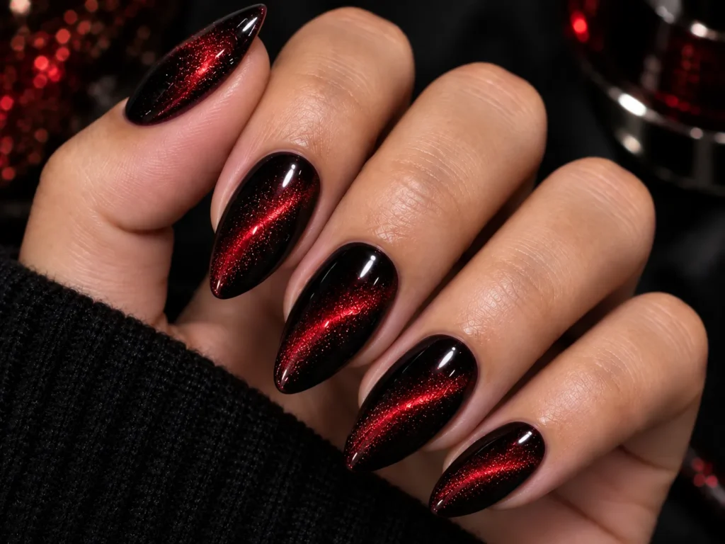 Black cat eye nails with deep red magnetic shimmer