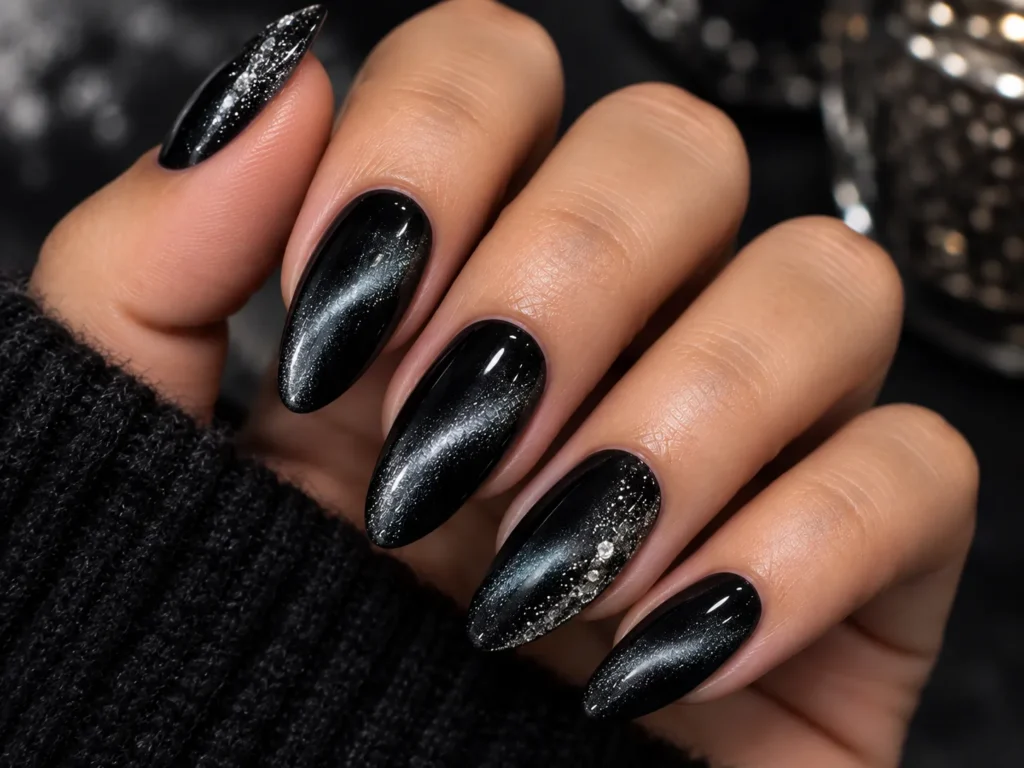Black cat eye nails with silver magnetic shimmer for winter