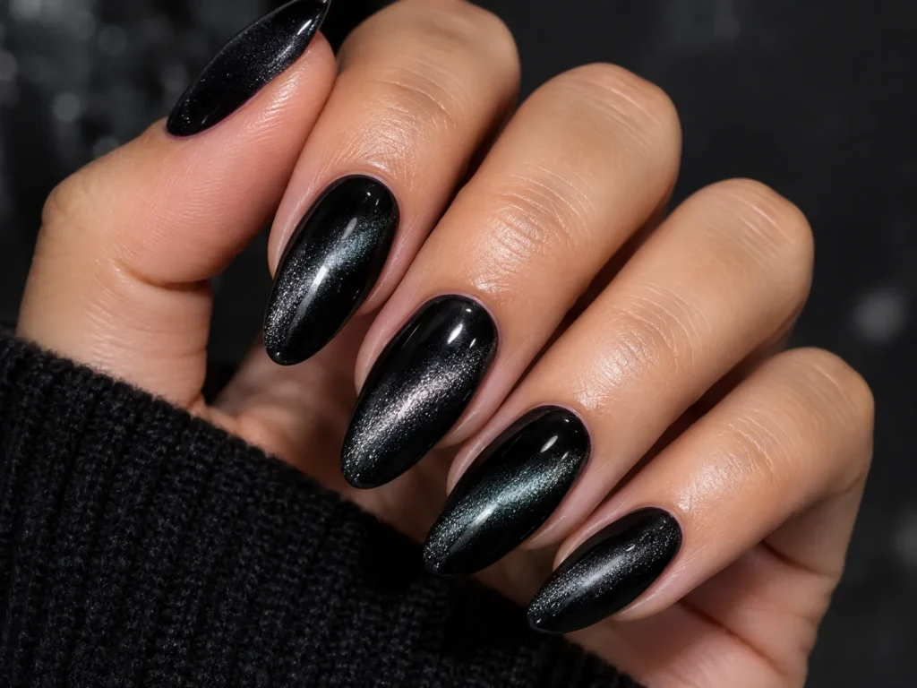 Classic black cat eye nails with a glossy magnetic shimmer