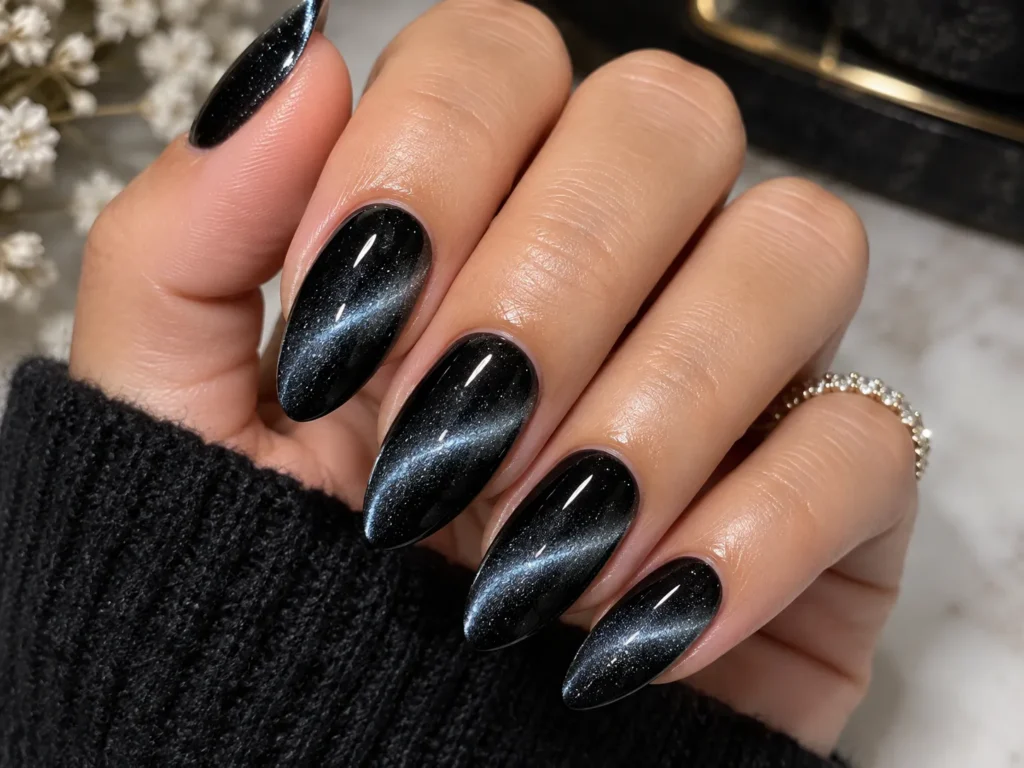 Dark black cat eye nails with icy silver winter shimmer