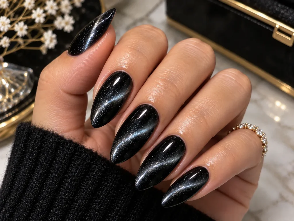 Glamorous black cat eye nails with intense magnetic shimmer