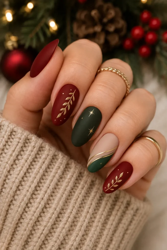 Matte Red and Green Nails