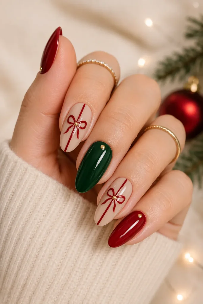 Red Bow Christmas Nails