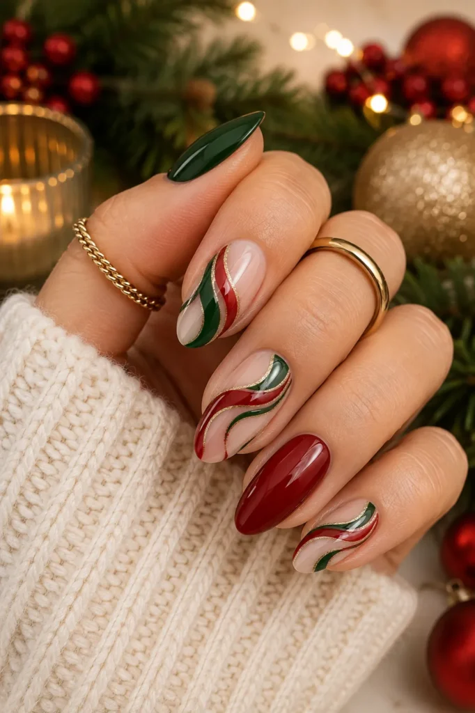 Red Green Swirl Nails