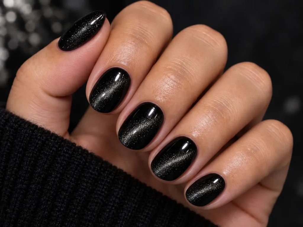 Short black cat eye nails with a subtle magnetic glow