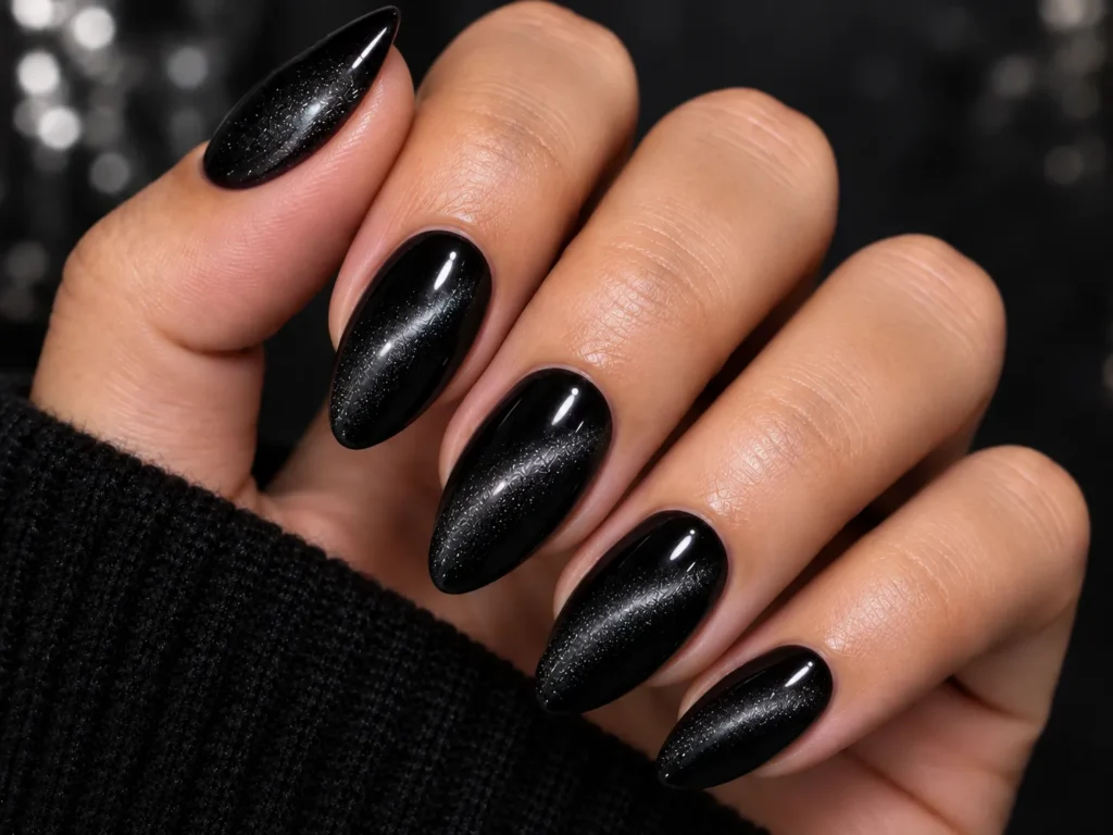 Simple black cat eye nails with a subtle glossy magnetic effect