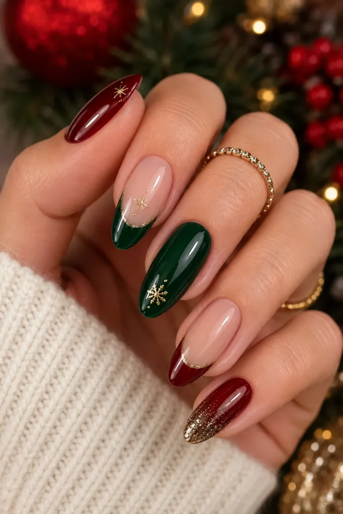 Sophisticated Red Green Christmas Nails